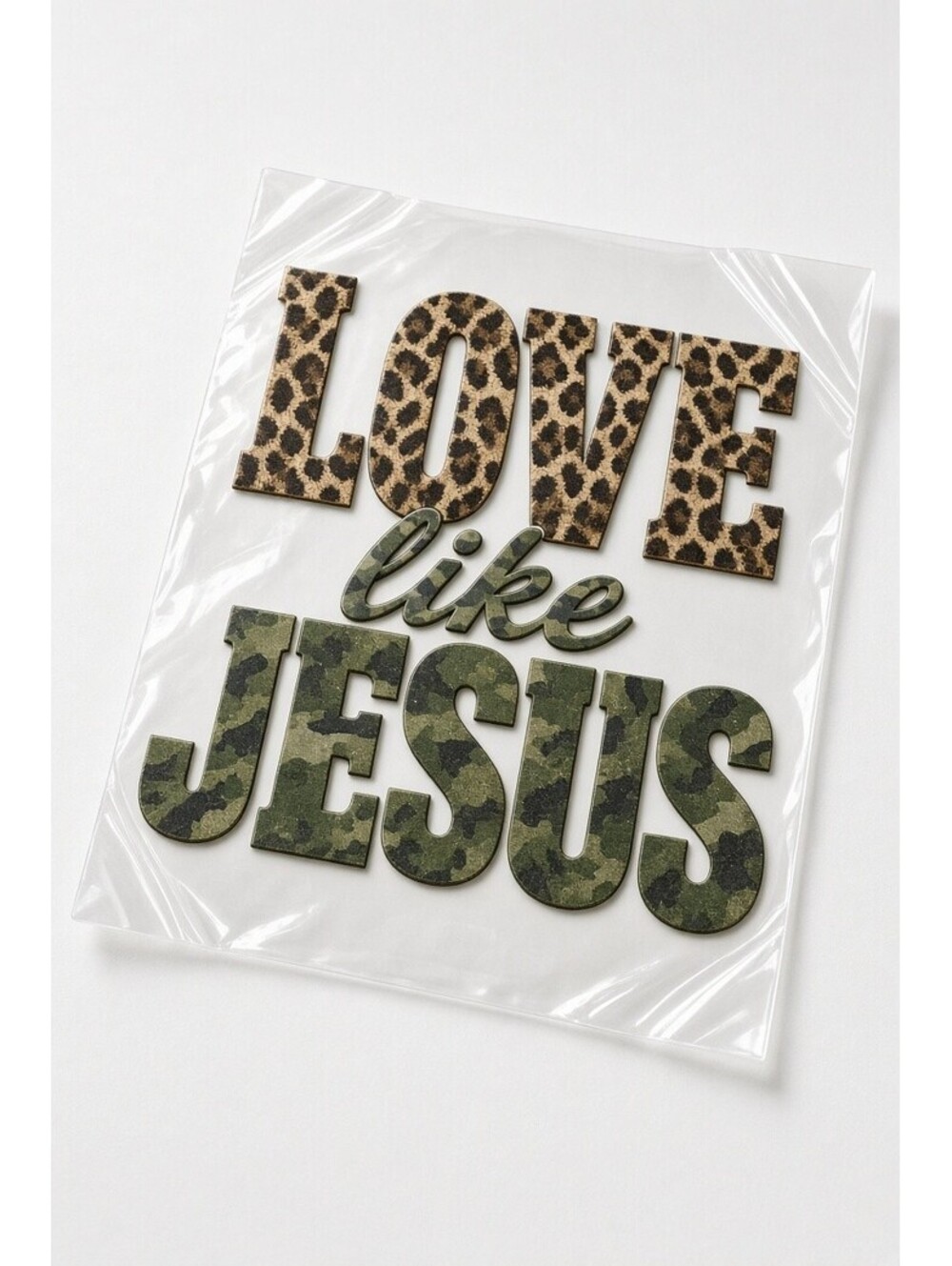 PK4 Love Like Jesus DTF Transfer 10in Leopard Camo Christian Heat Press Film